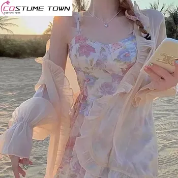 Женский летний Кардиган с солнцезащитным кремом, завернутый в талию, во французском сладком стиле, Платье с цветочным ремешком, комплект из двух предметов